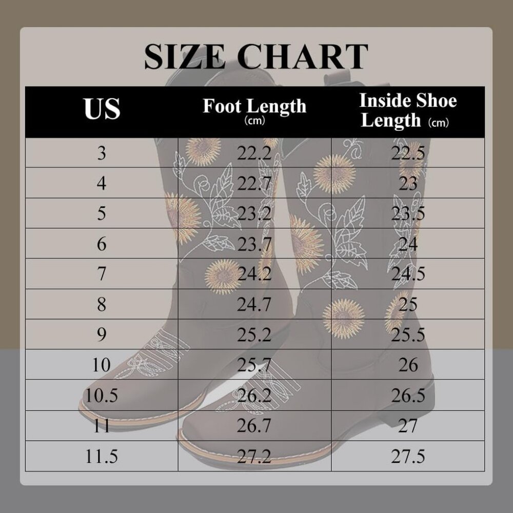 Cowboy Boots for Women Cowgirl Western Boot Sunflower Embroidery Square Toe Heel - Picture 6 of 6